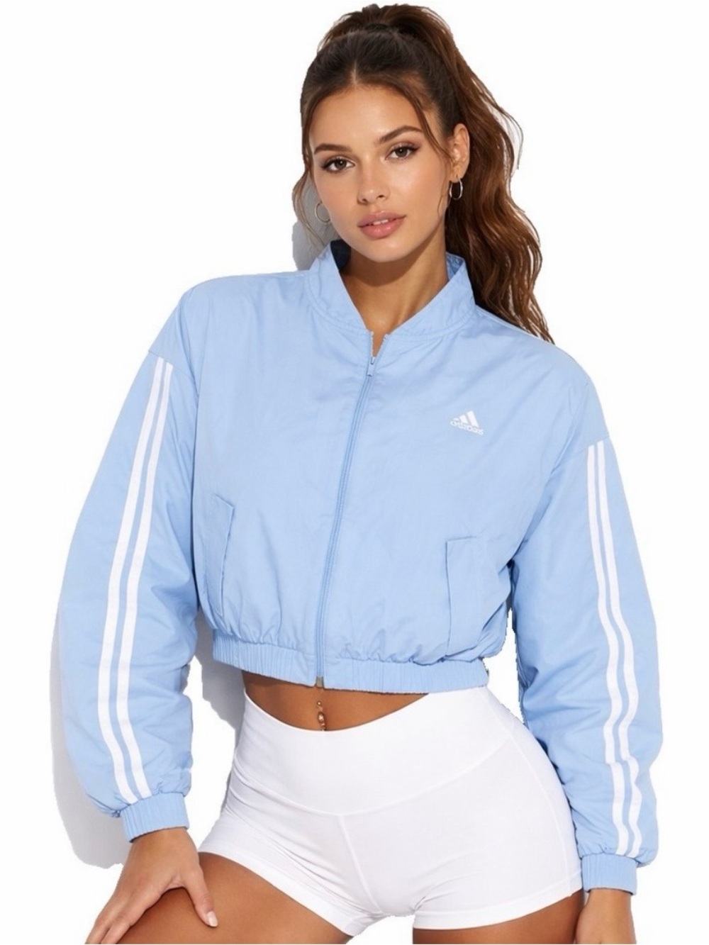 adidas Essentials 3-Stripes Sportswear Cropped Bomber Jacket “Glow Blue/White”